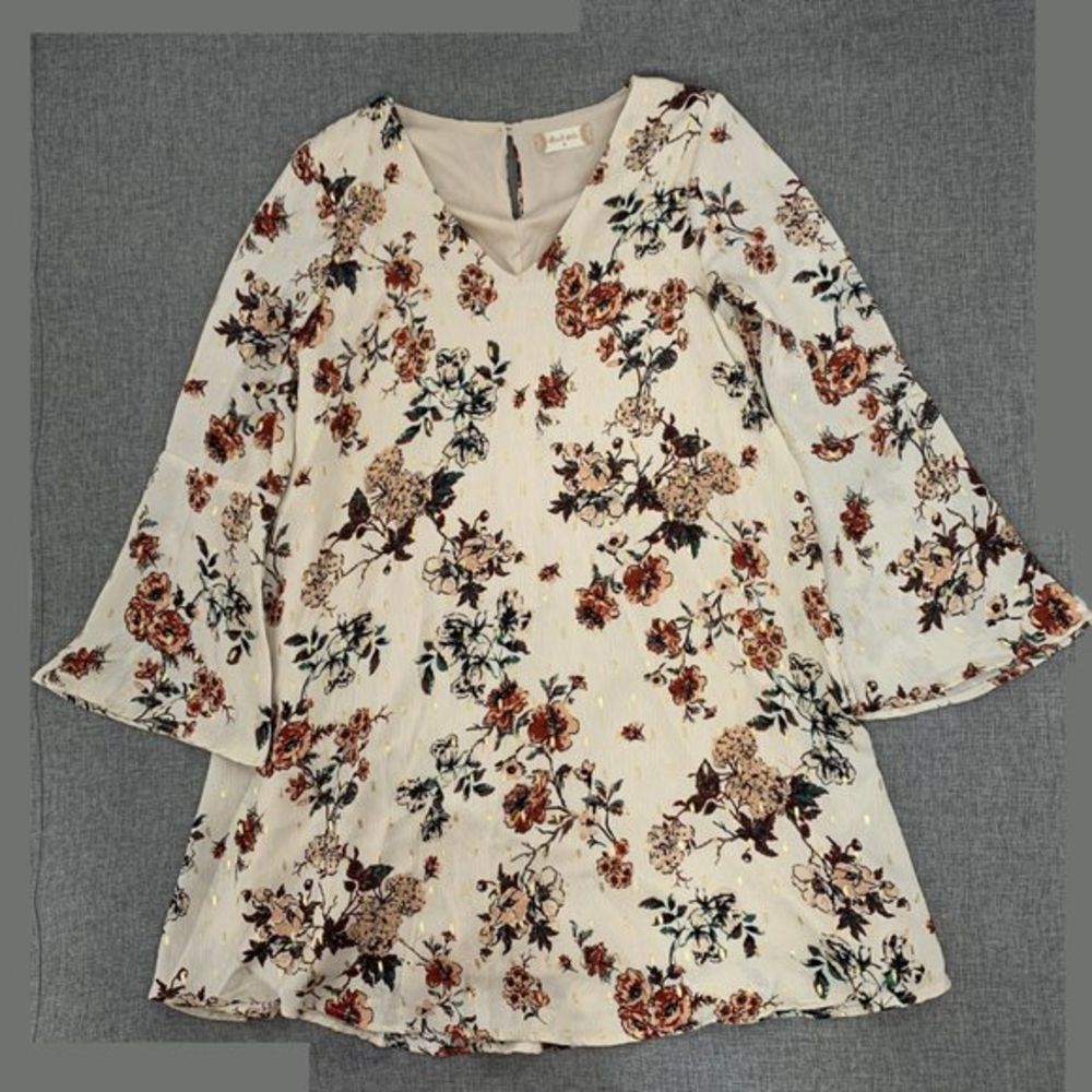 Altar'd State Floral Shift Dress V-Neck Bell Sleeves Small Tan Gold Maroon
